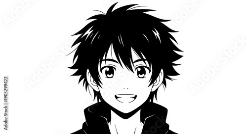 Anime Boy Portrait Black and White Illustration 2.