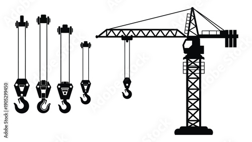 A tower crane with multiple hooks and pulleys used in construction Vector
