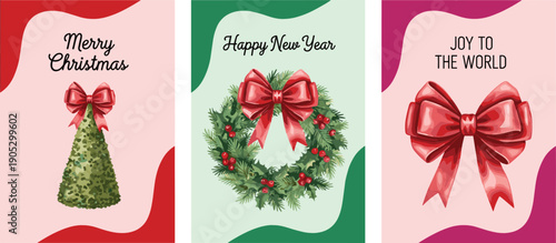Set of three elegant Christmas and New Year greeting cards with wreath topiary tree and red bow