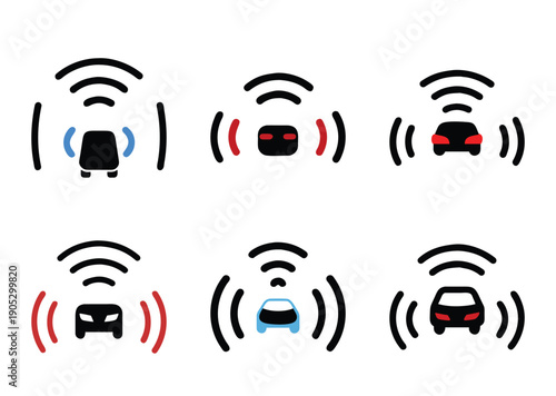 Six depictions of vehicles using sensors for autonomous driving applications