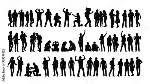 Diverse silhouettes of people engaged in various activities and poses Vector