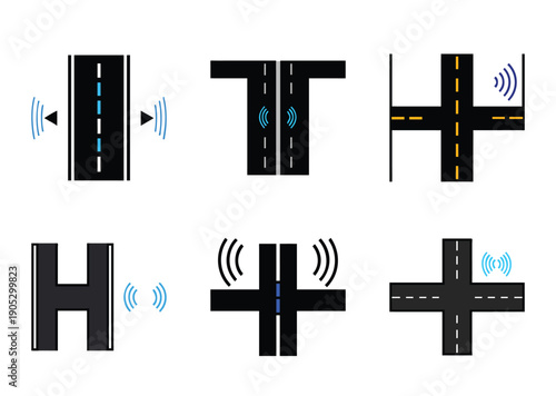 Various road configurations with smart technology icons showing wireless connectivity