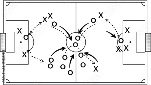 Soccer tactical strategy diagram with player positioning and movement arrows on pitch for coaching and sports education branding