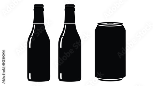Three different types of beverage containers are shown in black and white. Vector