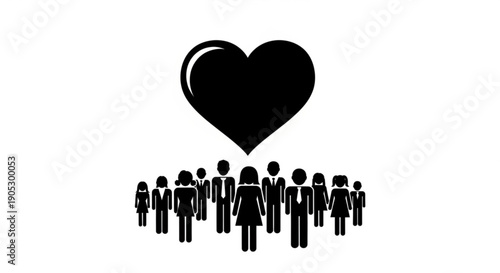 Diverse group of people gathered together under a large heart symbolizing unity and love from a straightforward viewpoint