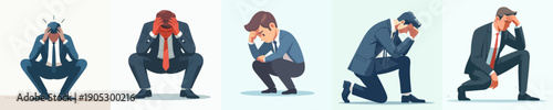 Flat Style Depressed Businessman In Various Poses Crisis Failure Illustration