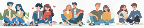 Soft Color Illustration of Young Couple Sitting Together Casual Scene