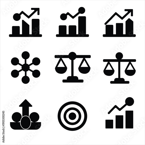 Collection of sophisticated monochrome business icons representing growth, strategy, and organization in bold black.