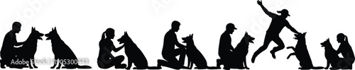 Silhouette illustration of human and dog interactions, training, bonding and playful activities, black and white vector artwork, companionship and obedience themed design