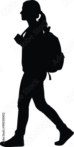 A young woman walks alone with backpack and ponytail walking silhouette illustration outdoors