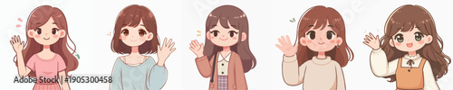 Cute Hand Drawn Style Girls Waving Hand Illustration Characters Set