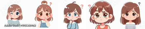 Cute Anime Style Doubtful Pensive Girls Characters Set Illustration