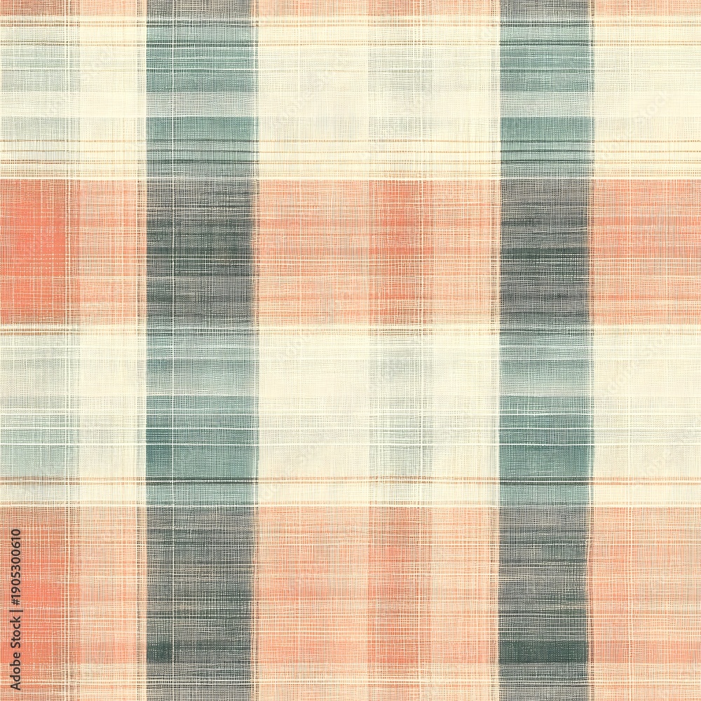 Fototapeta premium A textured abstract design with peach, blue, and cream colors creates a contemporary plaid pattern, evoking a sense of warmth and modern sophistication.