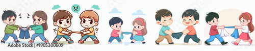 Cute Handdrawn Children Arguing Over Clothes and Toys Illustration in Cartoon Style