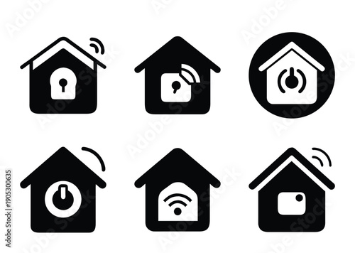 Smart Home Automation System Icons Representing Connectivity and Security Features