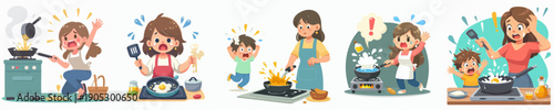 Cartoon Style Frustrated Mother Having Cooking Disaster Scene Illustration