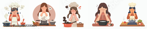 Flat Illustration Overwhelmed Female Chef Cooking Fail Kitchen Disaster Scene