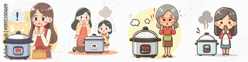 Cartoon Style Illustration of Surprised People and Malfunctioning Rice Cooker Appliance