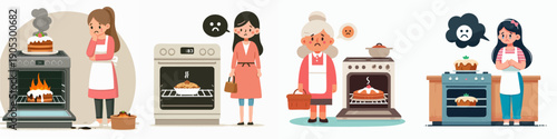 Cartoon Illustration of Disappointed Woman Baking with Oven Problem and Burnt Cake