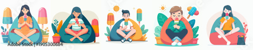 Flat Illustration Collection People Relaxing Sitting on Beanbag Chair Lifestyle