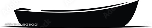 Simple black boat silhouette on calm water surface, serene lake scene, vector illustration