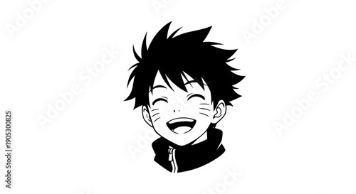 Anime Boy Smiling Joyfully Black and White Illustration.