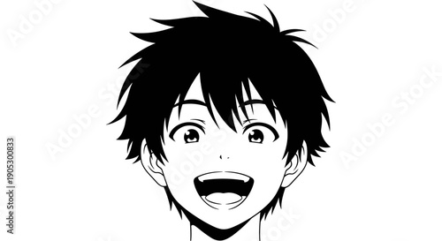 Anime Boy Smiling With Joyful Expression Black And White Illustration.