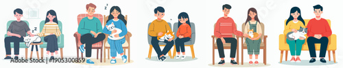 Illustration Cute Couple Sitting Together with Pet Animal on Chair