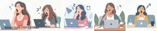 Flat Illustration Set of Sleepy Woman Working with Laptop on Desk