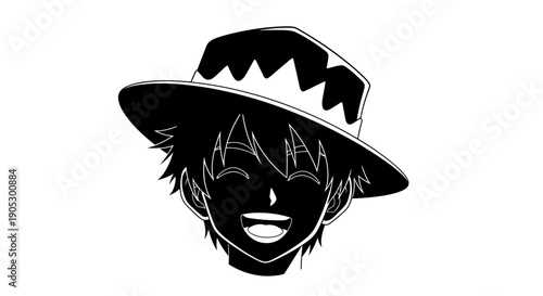 Anime character with a wide smile and hat.