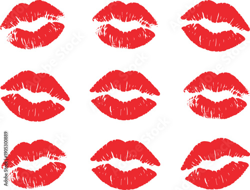 Red lipstick kiss marks set, female lips print silhouettes, love romance beauty symbols isolated on white background illustration