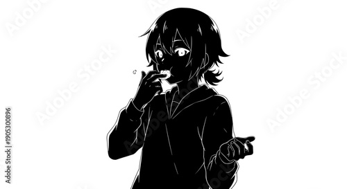 Anime character with dark silhouette and bright eyes smoking.