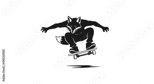Anthropomorphic fox character performing a skateboarding trick.
