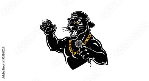 Anthropomorphic Panther Rapper Character with Gold Chain and Cap.