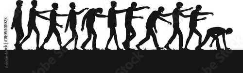 Human evolution silhouette, zombie walking progression, crowd behavior concept, social control metaphor, addiction cycle illustration, abstract dark society background