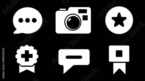 Modern UI and social media vector icon set including chat, camera, star, bookmark, and add/remove options for web and app design.