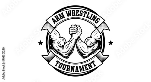 Arm Wrestling Tournament Emblem Featuring Muscular Arms.