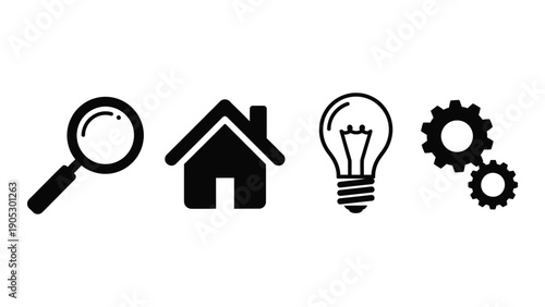 Icons representing investigation, home, ideas, and mechanics. Vector