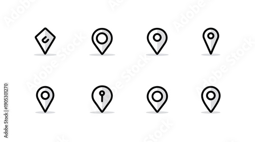 Set of Minimalist Outline Location Pin Markers and Map Pointers Icons. GPS Navigation and Geo-Location Symbols.