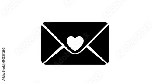 Simple black envelope icon with white heart inside on a plain background viewed from directly above