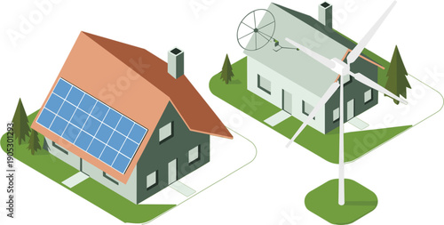 Eco friendly renewable energy houses with solar panels wind turbine green landscape sustainable modern residential power technology illustration