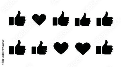 Modern black vector icons set featuring thumbs up and heart symbols for social media likes, love, feedback, approval, and positive reactions.
