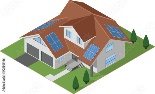 Modern solar powered luxury house illustration, large eco friendly residential villa with rooftop panels renewable energy sustainable living concept
