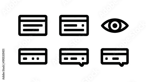 Set of payment card security and privacy line icons. Includes hidden data, sensitive information, digital identity, and online transaction symbols.