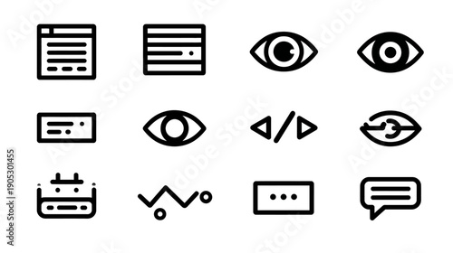 Black Outline Icons Set for Web Design, Data Management, Visibility, Code, Analytics, and Communication