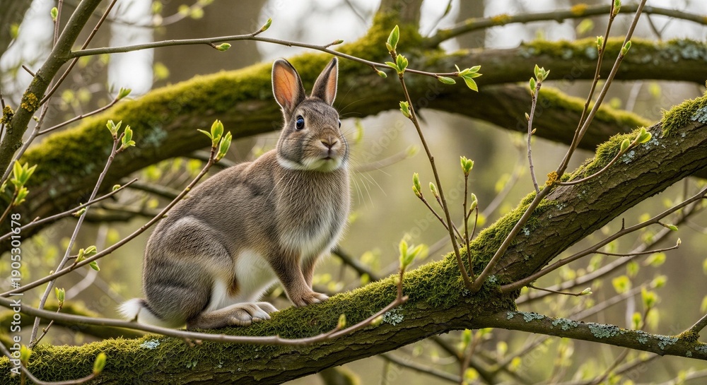 Obraz premium A rabbit sitting on a mossy tree branch in a forest