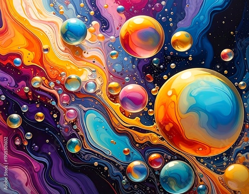 Vivid abstract artwork with flowing colorful liquid and floating spheres