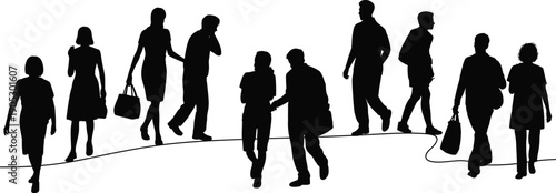 People walking silhouettes, men women urban crowd figures, daily city life activity scenes isolated on white background illustration