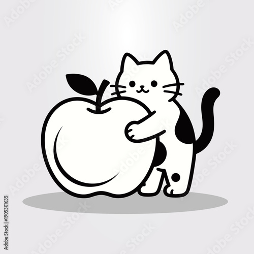 A charming black and white vector illustration of a cute, spotted kitten playfully hugging a large apple, featuring a minimalist line-art style with soft shadows.
