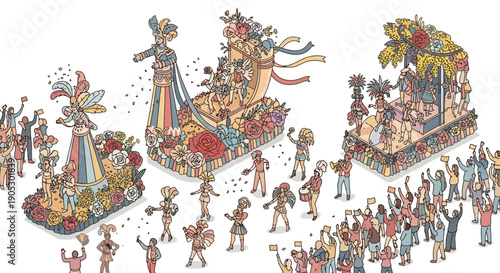 Isometric illustration of a vibrant carnival parade with colorful floats, costumes, and flowers, featuring people celebrating with a joyful atmosphere.